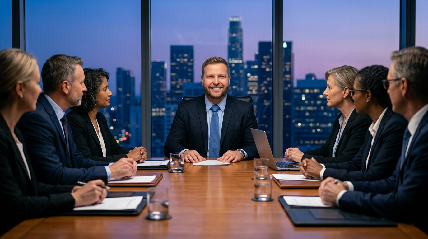 Sede corporativa global ao entardecer